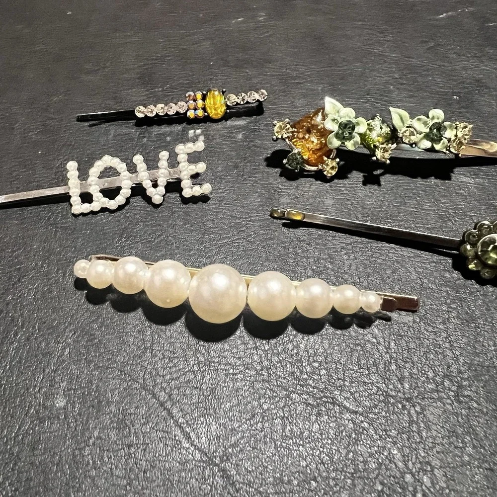 Lovely Vtg Rhinestone Pearl Hair Barrettes Clips LOT of 5 Flower Green Love